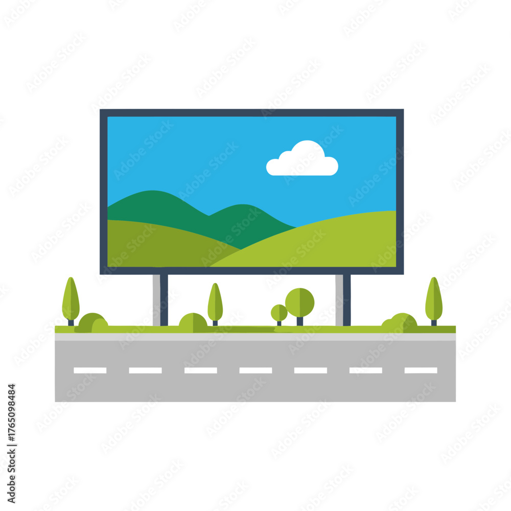 Fototapeta premium Billboard displaying a landscape beside a road.