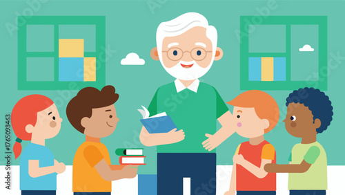 A senior citizen volunteering at a local school sharing their wisdom and knowledge with young students.. Vector illustration