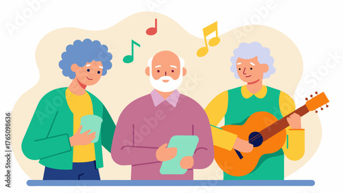 A group of musicians performing at the memory cafe playing familiar songs to evoke memories and emotions in individuals with dementia.. Vector illustration