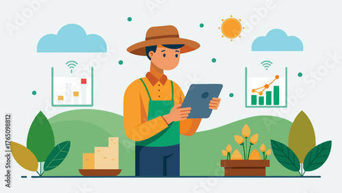 A farmer using historical data from soil compaction sensors to make longterm decisions about crop rotation and soil management practices for sustainable agriculture.. Vector illustration