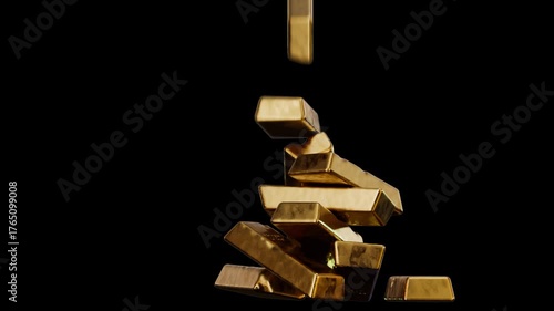 High-contrast horizontal 3D rendered animation of shiny gold bars with beautiful reflectons falling to the bottom and forming a tower of stacked ingots of precious metall on a black background