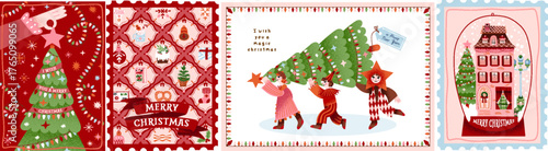 Merry Christmas and Happy New Year: Festive holiday illustrations, Christmas tree, pattern, snow globe, winter scenes, and cheerful characters for greeting card, poster, postage stamp and background