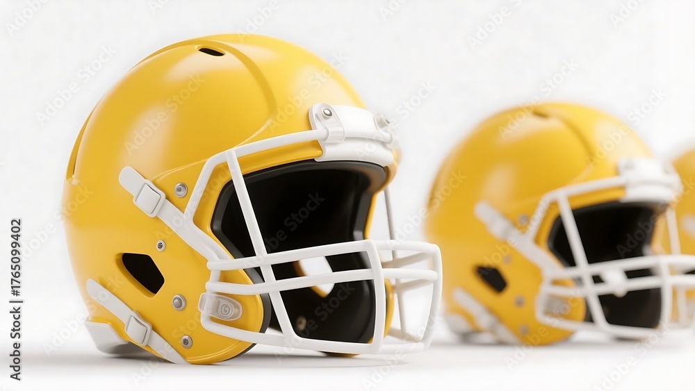 Fototapeta premium Close-up shows yellow football helmets, essential for sports protection and safety during games.