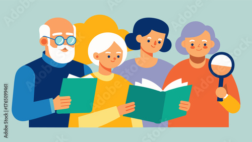 A senior living facility hosts a reading group for residents with vision impairments. Each person has their own magnifying glass and as they read together they share stories and. Vector illustration