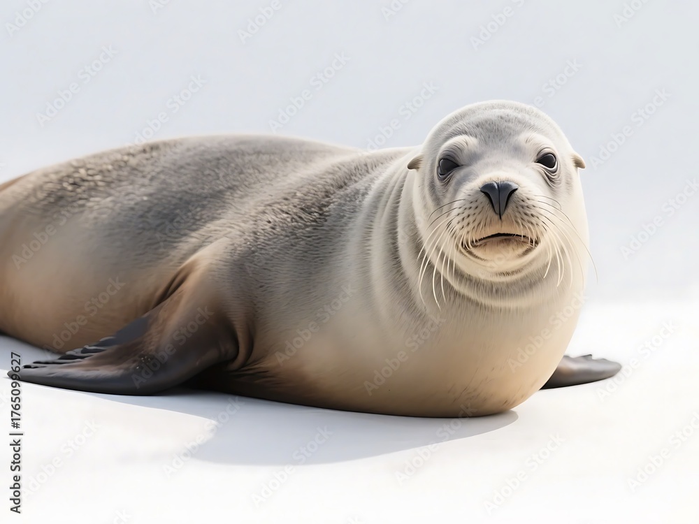 Fototapeta premium A sea lion with light fur is lying on a light background, showcasing its cute face and smooth skin.