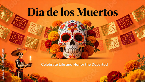 Festive Dia de los Muertos poster with sugar skull, skeleton holding candle, marigolds, and papel picado on orange background