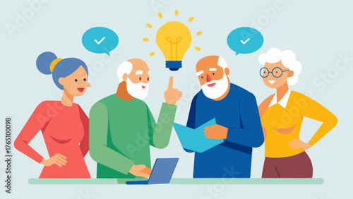 A group of seniors using creative thinking exercises to generate new ideas during a brainstorming session.. Vector illustration