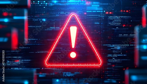Red warning sign on a digital background with code.