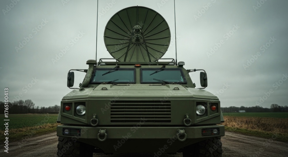 Fototapeta premium Rugged olive green military vehicle with large dish antenna on a dirt road, cloudy