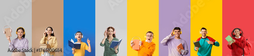 Collage with many people listening to audiobooks on color background