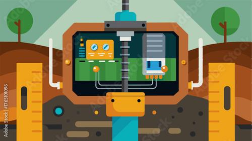 A closeup of the inner workings of a soil sampling machine with sensors and other technological components on display.. Vector illustration