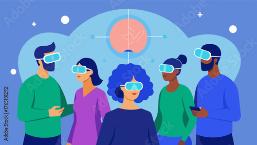 A group of individuals participating in a virtual reality memory recall session using technology to trigger and enhance specific memories and improve overall brain health.. Vector illustration