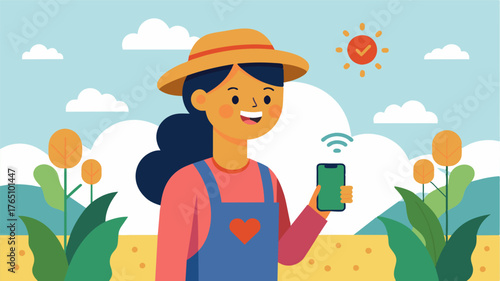 A farmer smiles as she receives a notification on her phone informing her that the soil temperature is perfect for planting based on the data from the IoT sensor.. Vector illustration