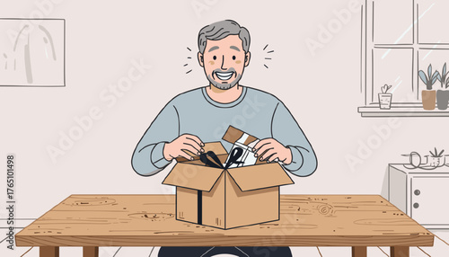 Happy man unboxing shopping box at table in bright room