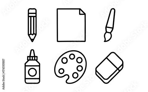 Art supplies icons: pencil, paper, brush, glue, palette, eraser in linear style