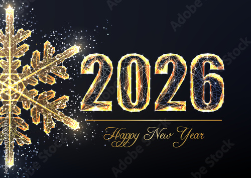 2026 Happy New Year vector illustration with glowing gold snowflake and festive low poly style