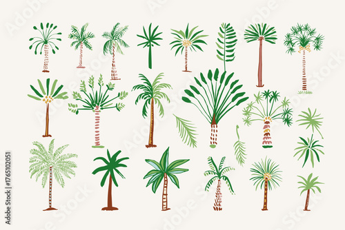 Hand Drawn Palm Tree Collection Featuring 24 Stylized Tropical Designs with Varied Trunks and Leaf Shapes for Summer Branding, Packaging