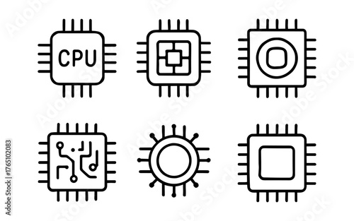 Minimalist chip icons set featuring microprocessor designs with linear black outlines