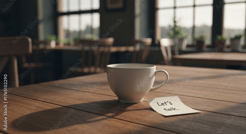 Fototapeta premium White ceramic mug & 'Let's talk' note on wooden table in sunlit, blurry cafe