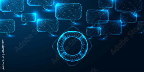 AI risk prevention and crisis communication with digital lifesaver ring and speech bubble network