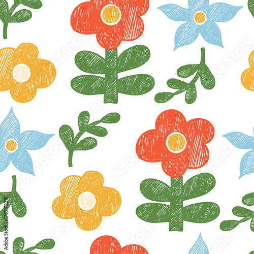 Floral Seamless Pattern. Hand-Drawn Crayon Ornament with Bright Flowers. Primitive Textured Drawing Doodle
