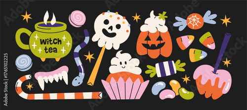 Halloween stickers in retro cartoon. Scary magic holiday elements: pumpkins, ghosts, witch hats. Candles, cauldron, skulls, spooky decor. Illustration in retro cartoon style, trendy shapes