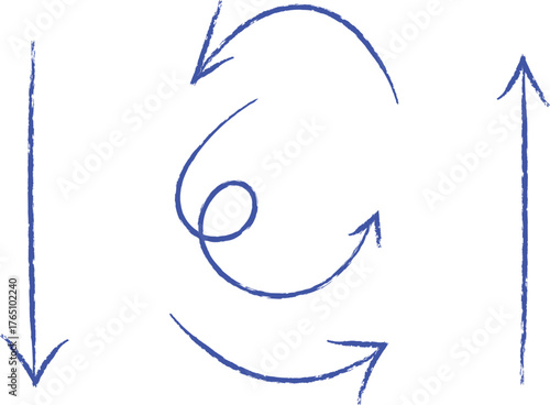 Hand drawn blue ink arrows showing up down circular and swirling motion on white background.Up, Down, Circular, and Swirling Motion on White Background.