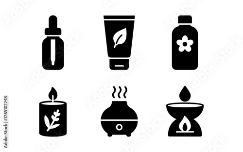 Silhouette icons of aromatherapy and skincare products with natural elements