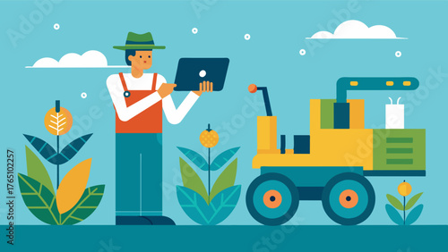 A farmer programming a robotic arm attachment to a tractor allowing it to autonomously identify and remove weeds as it travels through the field. The farmer can monitor the process. Vector