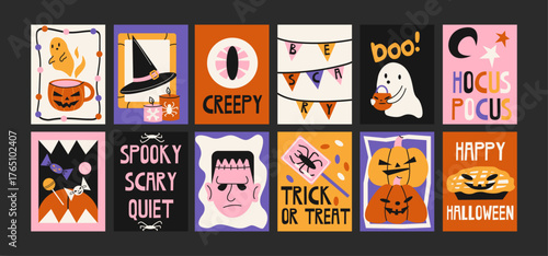 Halloween posters in retro cartoon. Holiday decor: ghosts, pumpkins, witches. Funny characters, banners with spooky text, October celebration. Minimalist wall banners for festive decoration