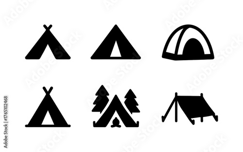 Camping tent silhouettes set: diverse tent designs for outdoor adventure icons