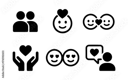 Heart and friendship icons: minimalistic black silhouette set
