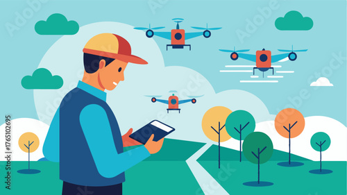 A farmer uses a tablet or smartphone to program and monitor a fleet of drones for integrated pest management. Customized flight paths and application schedules can be easily. Vector illustration