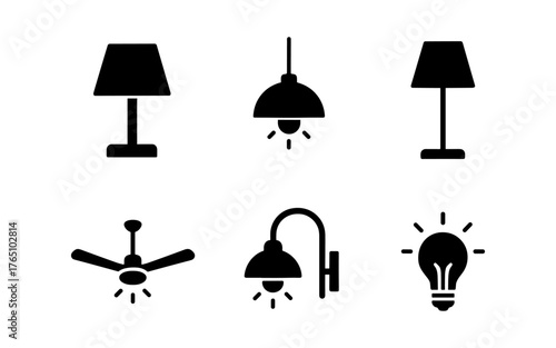 Black silhouette icons of various lighting fixtures on white background