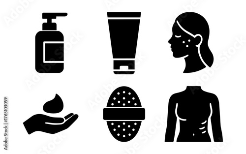 Skincare icons set: silhouette symbols of products and faces for beauty routines