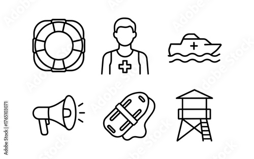 Lifeguard icons: lifesaver, rescue tools, and safety equipment in bold outline design
