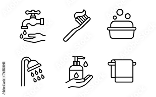 Simple line icons of bathroom essentials: faucet, toothbrush, and shower