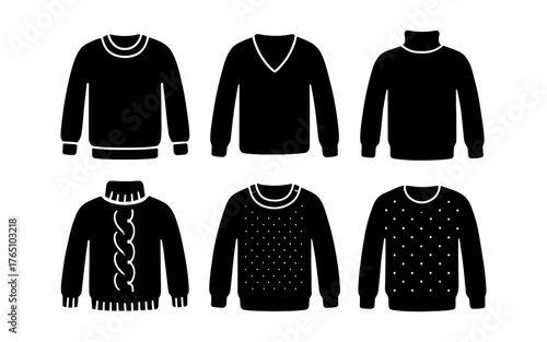 Silhouette collection of various winter sweaters featuring unique necklines and patterns