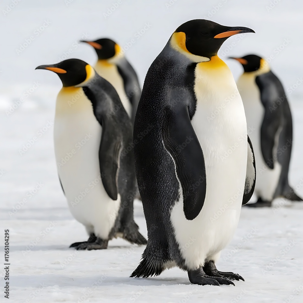 Obraz premium A group of king penguins standing on a snowy surface, showcasing their black and white plumage.