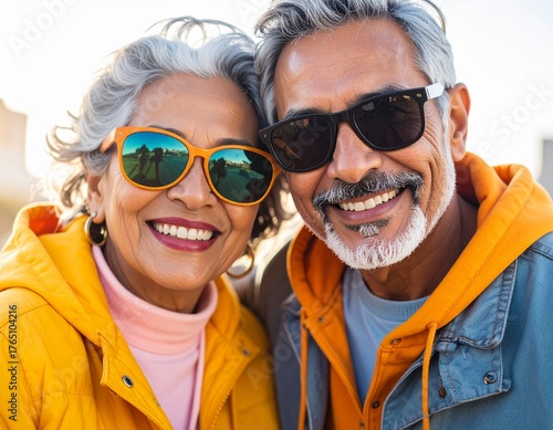 Timeless Cool -Close-up portrait of a stylish senior couple smiling together