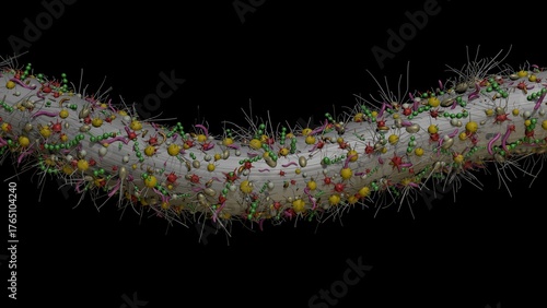 Dental floss extreme magnification close view.
Bacteria on dental floss. 3d render illustration.