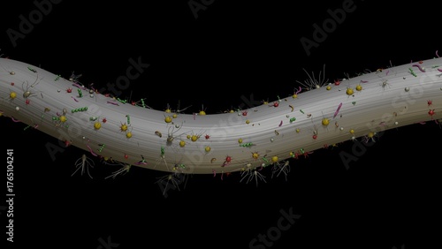 Dental floss extreme magnification close view.
Bacteria on dental floss. 3d render illustration.