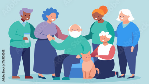 A group of elderly individuals in a nursing home gathered around a residents pet therapy cat providing a sense of joy and connection in an otherwise lonely environment.. Vector illustration