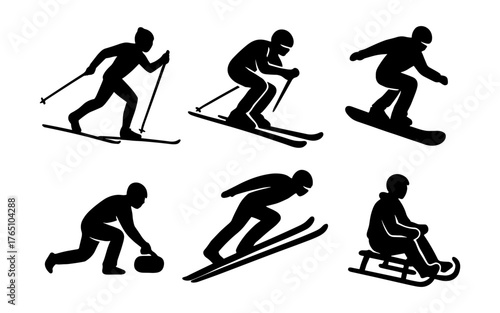 Winter sports silhouettes: skiing, snowboarding, sledding icons for cold weather activities