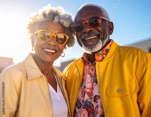 Timeless Cool -Close-up portrait of a stylish senior couple smiling together