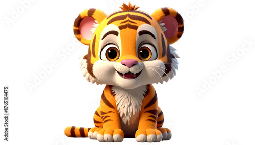 Delightful cartoon tiger cub with an endearing smile, seated and ready to play, showcasing a vivid orange and black stripes.