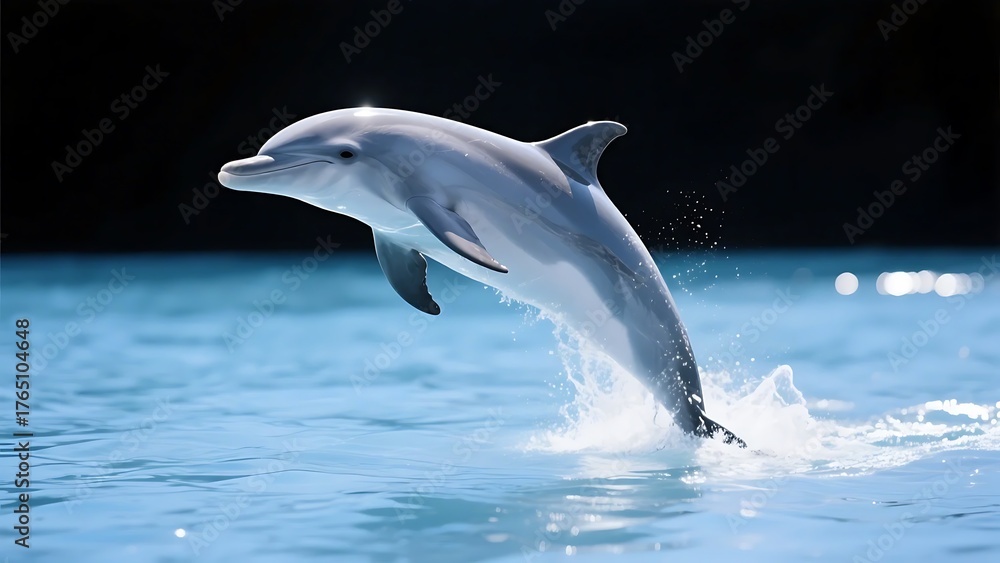 Obraz premium A dolphin is seen leaping energetically out of the water, showcasing its smooth and streamlined body.