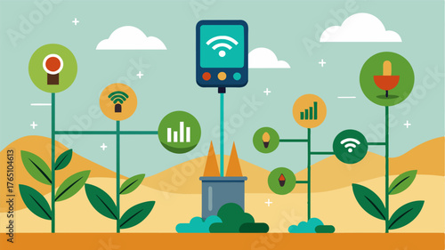 A network of soil sensors provide instant feedback on nutrient levels and pH helping farmers make informed fertilizer applications.. Vector illustration
