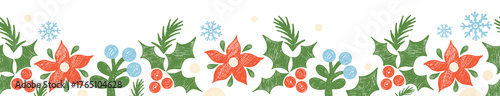 Christmas Seamless border. Crayon floral background with Flower poinsettias, berries and snowflakes. Textured Hand-Drawn