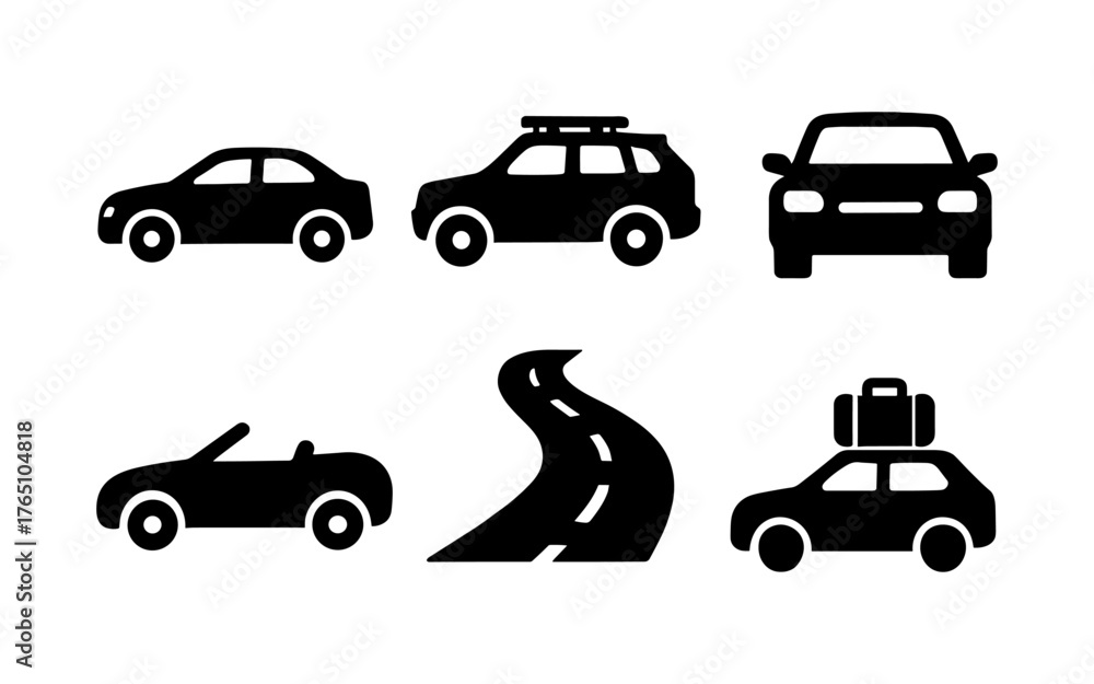 Naklejka premium Silhouette car icons set: compact, suv, convertible, with road and travel themes